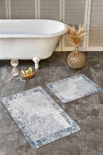 - Realhomes - Realhomes  2'li Set Mavi - Beyaz Zeminde Çerçeveli Motifli Otantik Desenli Eskitme Motifli Vintage  2'li Banyo & Mutfak Paspas Takımı Realhomes