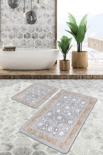 - PaspasTakimi-2li-Set1237-Gorsel-1 - Realhomes  2'li Set Gri - Beyaz Zeminde Çerçeveli Motifli Çiçek Desenli Avangarde Eskitme Motifli  2'li Banyo & Mutfak Paspas Takımı Realhomes