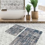 2'li Set Ekru - Gri Zeminde Floral Motifli Çiçek Desenli Floral Klasik  2'li Banyo & Mutfak Paspas Takımı Realhomes