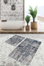 - PaspasTakimi-2li-Set1239-Gorsel - Realhomes  2'li Set Krem - Mavi Zeminde Dokuma Halı Motifli Eskitme Desenli Eskitme Motifli Klasik  2'li Banyo & Mutfak Paspas Takımı Realhomes