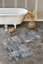 - Realhomes - Realhomes  2'li Set Krem - Mavi Zeminde Dokuma Halı Motifli Eskitme Desenli Eskitme Motifli Klasik  2'li Banyo & Mutfak Paspas Takımı Realhomes