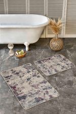 2'li Set Krem - Bordo Zeminde Eskitme Motifli Kilim Desenli Eskitme Motifli Sade & Şık  2'li Banyo & Mutfak Paspas Takımı Realhomes
