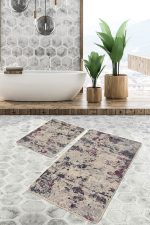 2'li Set Krem - Bordo Zeminde Eskitme Motifli Kilim Desenli Eskitme Motifli Sade & Şık  2'li Banyo & Mutfak Paspas Takımı Realhomes