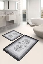 - PaspasTakimi-2li-Set1246-Gorsel-1 - Realhomes  2'li Set Siyah- Gri Zeminde Çerçeveli Motifli Otantik Desenli Etnik Motifler Vintage  2'li Banyo & Mutfak Paspas Takımı Realhomes