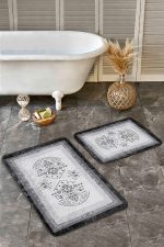 - Realhomes - Realhomes  2'li Set Siyah- Gri Zeminde Çerçeveli Motifli Otantik Desenli Etnik Motifler Vintage  2'li Banyo & Mutfak Paspas Takımı Realhomes