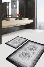 - PaspasTakimi-2li-Set1246-Gorsel-5 - Realhomes  2'li Set Siyah- Gri Zeminde Çerçeveli Motifli Otantik Desenli Etnik Motifler Vintage  2'li Banyo & Mutfak Paspas Takımı Realhomes