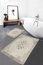 2'li Set Siyah- Gri Zeminde Çerçeveli Motifli Geleneksel Desenli Vintage Eskitme Motifli  2'li Banyo & Mutfak Paspas Takımı Realhomes