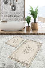 2'li Set Siyah- Gri Zeminde Çerçeveli Motifli Geleneksel Desenli Vintage Eskitme Motifli  2'li Banyo & Mutfak Paspas Takımı Realhomes