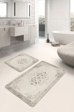 2'li Set Siyah- Gri Zeminde Çerçeveli Motifli Geleneksel Desenli Vintage Eskitme Motifli  2'li Banyo & Mutfak Paspas Takımı Realhomes