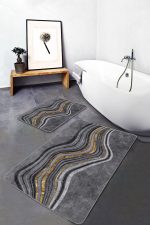 - PaspasTakimi-2li-Set1249-Gorsel-1 - Realhomes  2'li Set Gri - Gold Zeminde Altın Motifli Kanvas Desenli Sade & Şık Klasik  2'li Banyo & Mutfak Paspas Takımı Realhomes