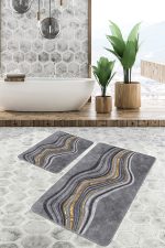 - PaspasTakimi-2li-Set1249-Gorsel - Realhomes  2'li Set Gri - Gold Zeminde Altın Motifli Kanvas Desenli Sade & Şık Klasik  2'li Banyo & Mutfak Paspas Takımı Realhomes