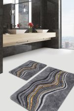 - PaspasTakimi-2li-Set1249-Gorsel-2 - Realhomes  2'li Set Gri - Gold Zeminde Altın Motifli Kanvas Desenli Sade & Şık Klasik  2'li Banyo & Mutfak Paspas Takımı Realhomes