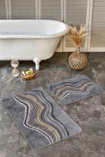 - Realhomes - Realhomes  2'li Set Gri - Gold Zeminde Altın Motifli Kanvas Desenli Sade & Şık Klasik  2'li Banyo & Mutfak Paspas Takımı Realhomes