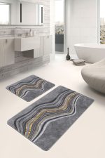 - PaspasTakimi-2li-Set1249-Gorsel-5 - Realhomes  2'li Set Gri - Gold Zeminde Altın Motifli Kanvas Desenli Sade & Şık Klasik  2'li Banyo & Mutfak Paspas Takımı Realhomes