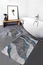 - PaspasTakimi-2li-Set1250-Gorsel-1 - Realhomes  2'li Set Füme - Mavi Zeminde Kanvas Motifli Modern Sanat Desenli Sade & Şık Klasik  2'li Banyo & Mutfak Paspas Takımı Realhomes