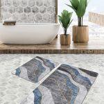 2'li Set Krem - Kahverengi Zeminde Çerçeveli Motifli Dokuma Desenli Avangarde Geometrik  2'li Banyo & Mutfak Paspas Takımı Realhomes