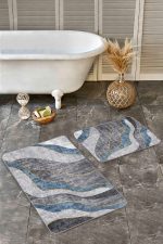 - Realhomes - Realhomes  2'li Set Füme - Mavi Zeminde Kanvas Motifli Modern Sanat Desenli Sade & Şık Klasik  2'li Banyo & Mutfak Paspas Takımı Realhomes