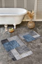 - Realhomes - Realhomes  2'li Set Füme - Mavi Zeminde Geometrik Motifli Modern Sanat Desenli Geometrik Sade & Şık  2'li Banyo & Mutfak Paspas Takımı Realhomes