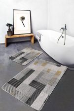 2'li Set Ekru - Siyah Zeminde El Dokuma Motifli Kilim Desenli Sade & Şık Geometrik  2'li Banyo & Mutfak Paspas Takımı Realhomes