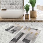 2'li Set Füme - Kahverengi Zeminde Çerçeveli Motifli Antik Desenli Avangarde Klasik  2'li Banyo & Mutfak Paspas Takımı Realhomes