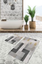 2'li Set Ekru - Siyah Zeminde El Dokuma Motifli Kilim Desenli Sade & Şık Geometrik  2'li Banyo & Mutfak Paspas Takımı Realhomes