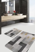 2'li Set Ekru - Siyah Zeminde El Dokuma Motifli Kilim Desenli Sade & Şık Geometrik  2'li Banyo & Mutfak Paspas Takımı Realhomes