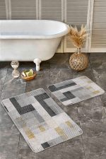 2'li Set Ekru - Siyah Zeminde El Dokuma Motifli Kilim Desenli Sade & Şık Geometrik  2'li Banyo & Mutfak Paspas Takımı Realhomes