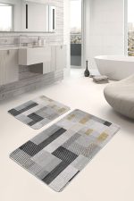 2'li Set Ekru - Siyah Zeminde El Dokuma Motifli Kilim Desenli Sade & Şık Geometrik  2'li Banyo & Mutfak Paspas Takımı Realhomes