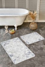 - Realhomes - Realhomes 2'li Set Gri Zeminde Eskitme Motifli Baklava Desenli Geometrik Eskitme Motifli 2'li Banyo & Mutfak Paspas Takımı Realhomes