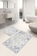 - PaspasTakimi-2li-Set1253-Gorsel-2 - Realhomes 2'li Set Gri Zeminde Eskitme Motifli Baklava Desenli Geometrik Eskitme Motifli 2'li Banyo & Mutfak Paspas Takımı Realhomes