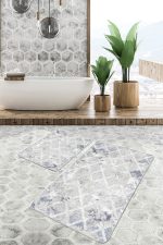 - PaspasTakimi-2li-Set1253-Gorsel-4 - Realhomes 2'li Set Gri Zeminde Eskitme Motifli Baklava Desenli Geometrik Eskitme Motifli 2'li Banyo & Mutfak Paspas Takımı Realhomes