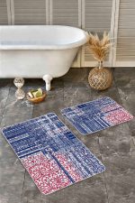 - Realhomes - Realhomes 2'li Set Lacivert - Kırmızı Zeminde Eskitme Motifli Örgü Desenli Eskitme Motifli Sade & Şık 2'li Banyo & Mutfak Paspas Takımı Realhomes