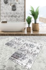 2'li Set Ekru - Bej Zeminde Eskitme Motifli Örgü Desenli Eskitme Motifli Vintage  2'li Banyo & Mutfak Paspas Takımı Realhomes