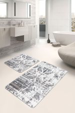 2'li Set Ekru - Bej Zeminde Eskitme Motifli Örgü Desenli Eskitme Motifli Vintage  2'li Banyo & Mutfak Paspas Takımı Realhomes