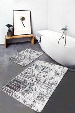 2'li Set Ekru - Bej Zeminde Eskitme Motifli Örgü Desenli Eskitme Motifli Vintage  2'li Banyo & Mutfak Paspas Takımı Realhomes