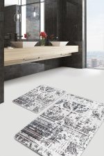 2'li Set Ekru - Bej Zeminde Eskitme Motifli Örgü Desenli Eskitme Motifli Vintage  2'li Banyo & Mutfak Paspas Takımı Realhomes