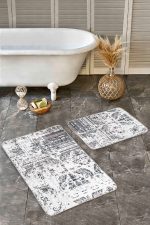 2'li Set Ekru - Bej Zeminde Eskitme Motifli Örgü Desenli Eskitme Motifli Vintage  2'li Banyo & Mutfak Paspas Takımı Realhomes