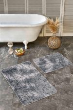 - Realhomes - Realhomes  2'li Set Gri - Bej Zeminde Antik Motifli Örme Desenli Eskitme Motifli Geometrik  2'li Banyo & Mutfak Paspas Takımı Realhomes