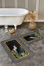 2'li Set Siyah Zeminde Çerçeveli Motifli Çiçek Desenli Geometrik Floral  2'li Banyo & Mutfak Paspas Takımı Realhomes