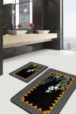 2'li Set Siyah Zeminde Çerçeveli Motifli Çiçek Desenli Geometrik Floral  2'li Banyo & Mutfak Paspas Takımı Realhomes