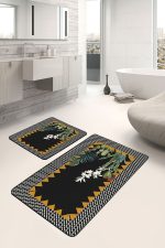 2'li Set Siyah Zeminde Çerçeveli Motifli Çiçek Desenli Geometrik Floral  2'li Banyo & Mutfak Paspas Takımı Realhomes