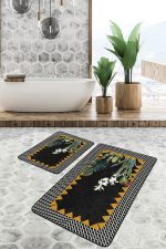 2'li Set Siyah Zeminde Çerçeveli Motifli Çiçek Desenli Geometrik Floral  2'li Banyo & Mutfak Paspas Takımı Realhomes