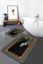 2'li Set Siyah Zeminde Çerçeveli Motifli Çiçek Desenli Geometrik Floral  2'li Banyo & Mutfak Paspas Takımı Realhomes