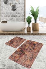 2'li Set Kremit Zeminde Antik Motifli Çiçek Desenli Eskitme Motifli Vintage  2'li Banyo & Mutfak Paspas Takımı Realhomes