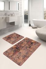 2'li Set Kremit Zeminde Antik Motifli Çiçek Desenli Eskitme Motifli Vintage  2'li Banyo & Mutfak Paspas Takımı Realhomes