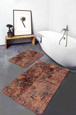 2'li Set Kremit Zeminde Antik Motifli Çiçek Desenli Eskitme Motifli Vintage  2'li Banyo & Mutfak Paspas Takımı Realhomes