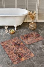 2'li Set Kremit Zeminde Antik Motifli Çiçek Desenli Eskitme Motifli Vintage  2'li Banyo & Mutfak Paspas Takımı Realhomes