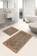 - PaspasTakimi-2li-Set1260-Gorsel - Realhomes 2'li Set Sarı Zeminde Uşak Motifli Kilim Desenli Etnik Motifler Vintage 2'li Banyo & Mutfak Paspas Takımı Realhomes