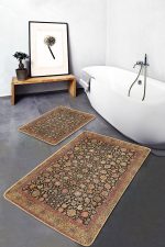 - PaspasTakimi-2li-Set1260-Gorsel-2 - Realhomes 2'li Set Sarı Zeminde Uşak Motifli Kilim Desenli Etnik Motifler Vintage 2'li Banyo & Mutfak Paspas Takımı Realhomes