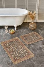 - Realhomes - Realhomes 2'li Set Sarı Zeminde Uşak Motifli Kilim Desenli Etnik Motifler Vintage 2'li Banyo & Mutfak Paspas Takımı Realhomes